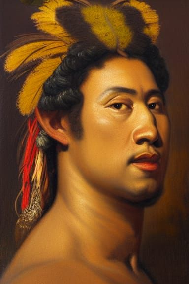Polynesian Chief Portrait in Baroque Oil Painting Style