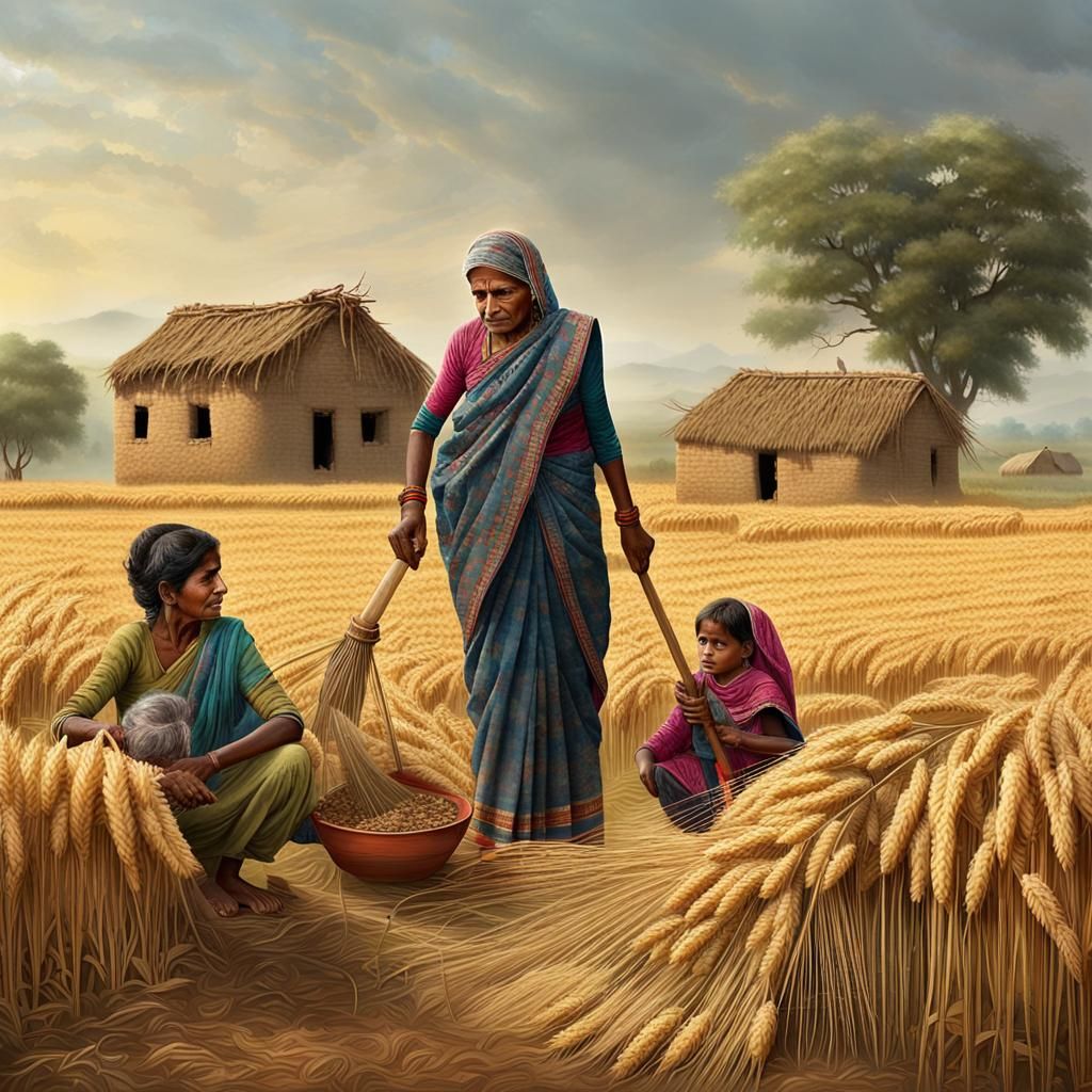 Indian Grandmother Harvesting Wheat: Detailed Matte Painting