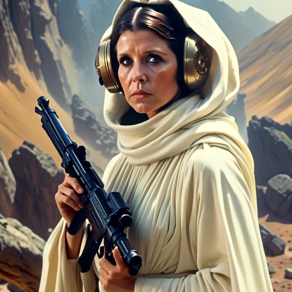 Hyperrealistic Portrait of Princess Leia Holding Blaster