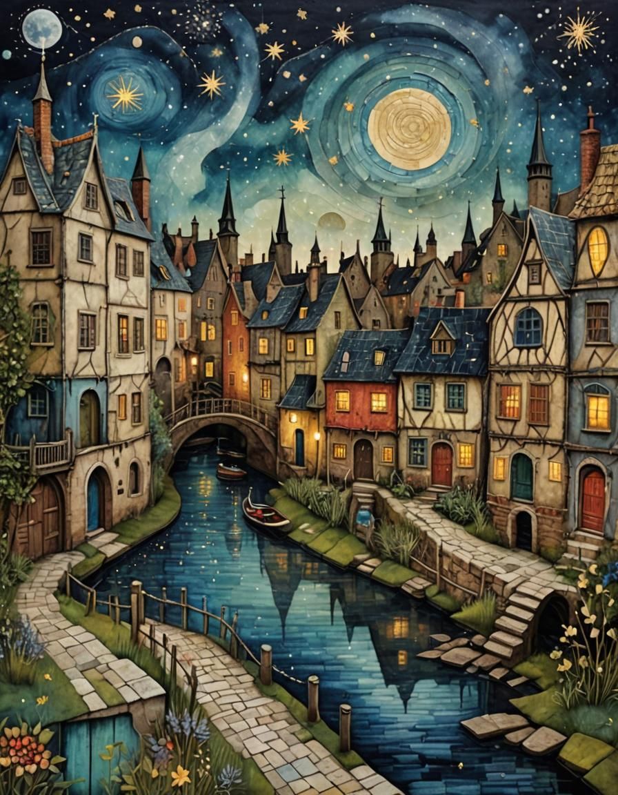Whimsical Medieval Canal Fabric Collage