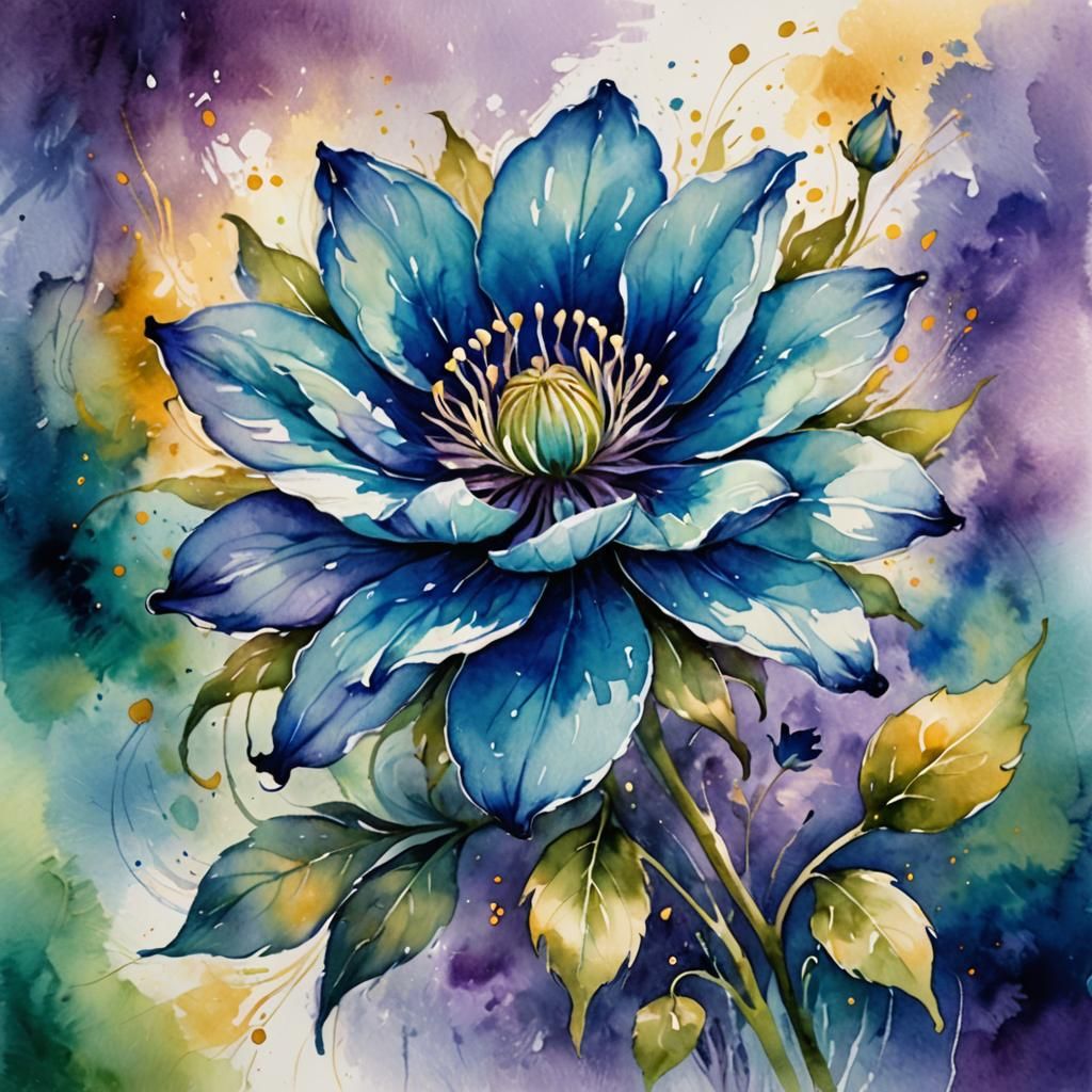Majestic Blue Flower in Watercolor Concept Art