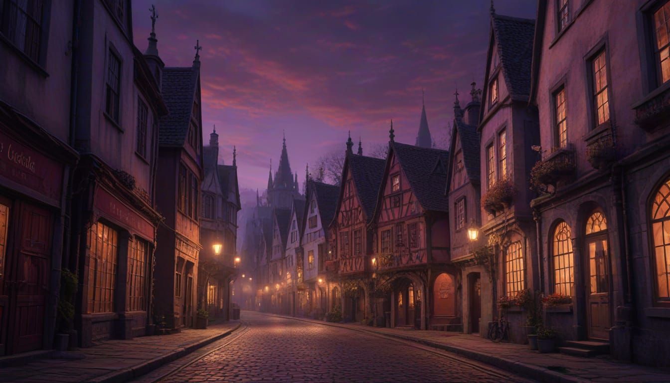 Neo-Gothic Street in Twilight with Fractal Haze