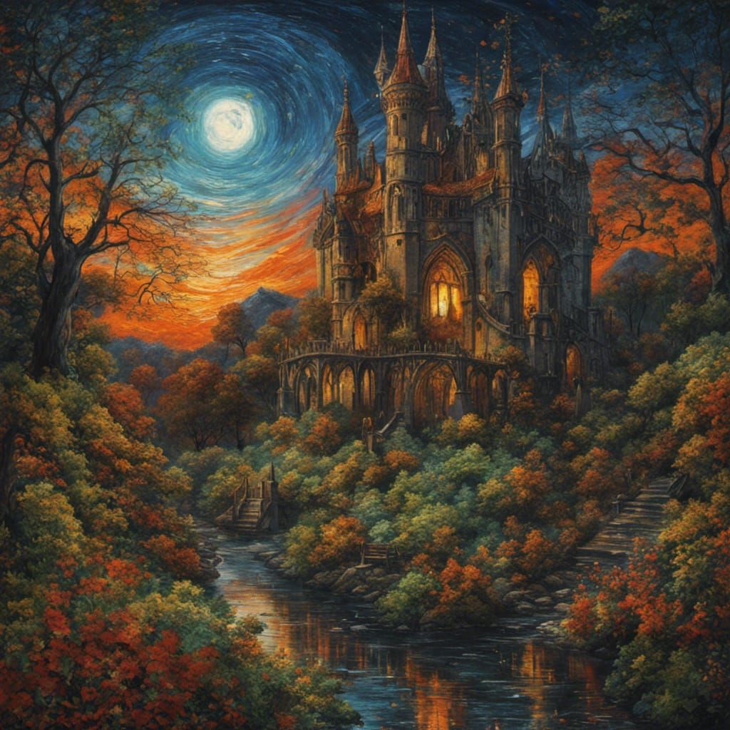 Gothic Oak Tree Under Starry Night Sky