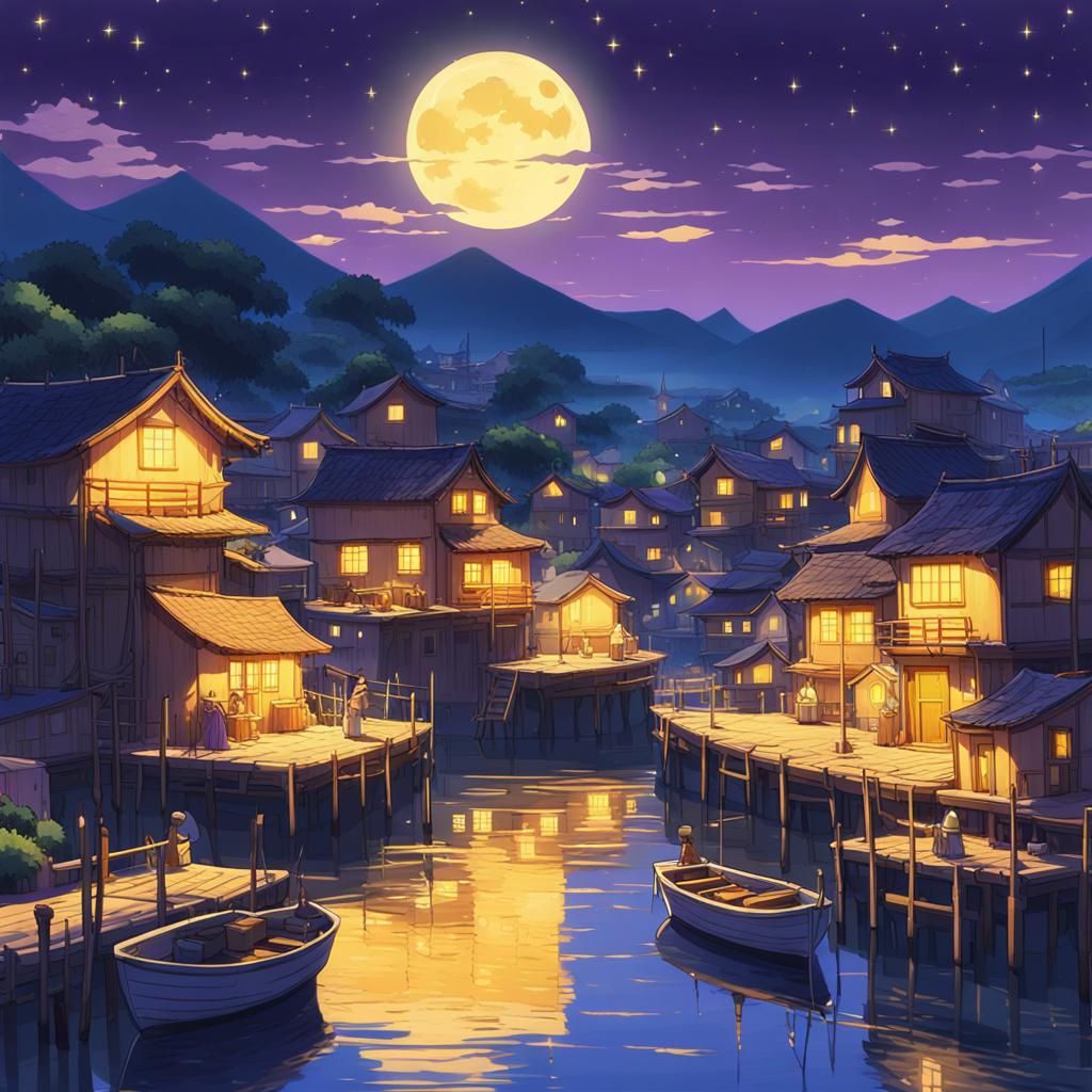 Moonlit Anime Fisherman's Village in Ghibli Style