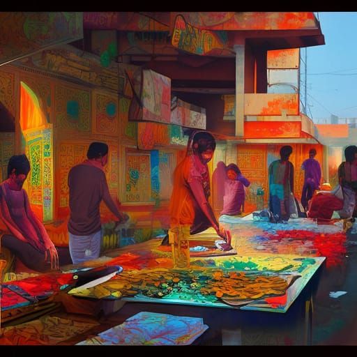 Bustling Indian Market in Graffiti Art Style