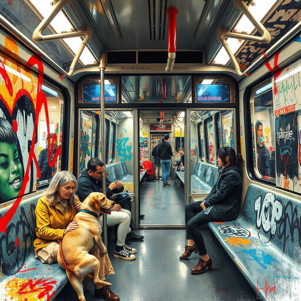 Vibrant Metro Carriage Scene in High Contrast Graffiti Style