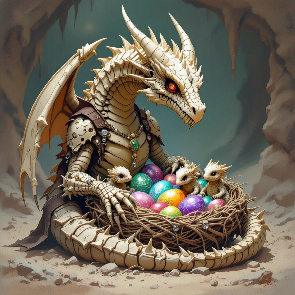 Bone Dragon Mother with Jewel Eggs and Hatchlings