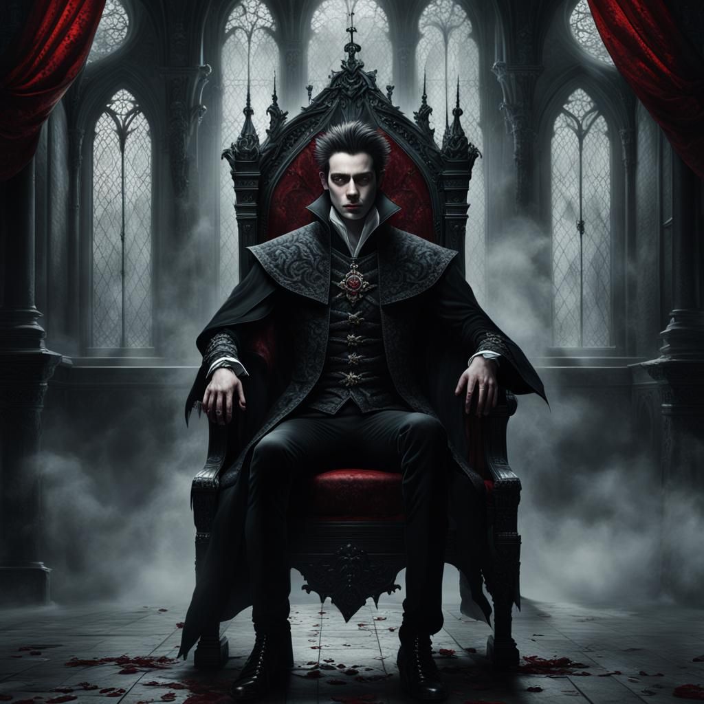 Gothic Prince Sits Regally on Throne in Dark Castle