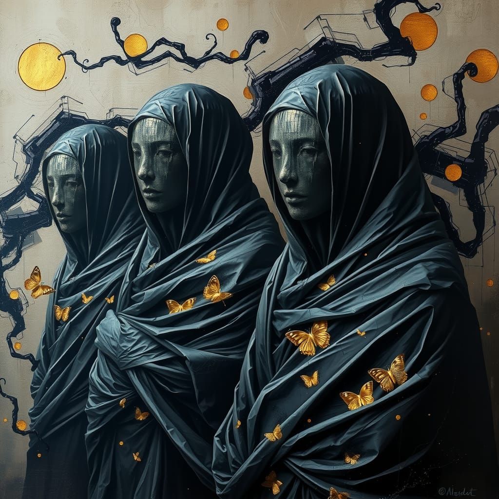 Surreal Figures in Metallic Veils with Impasto Textures