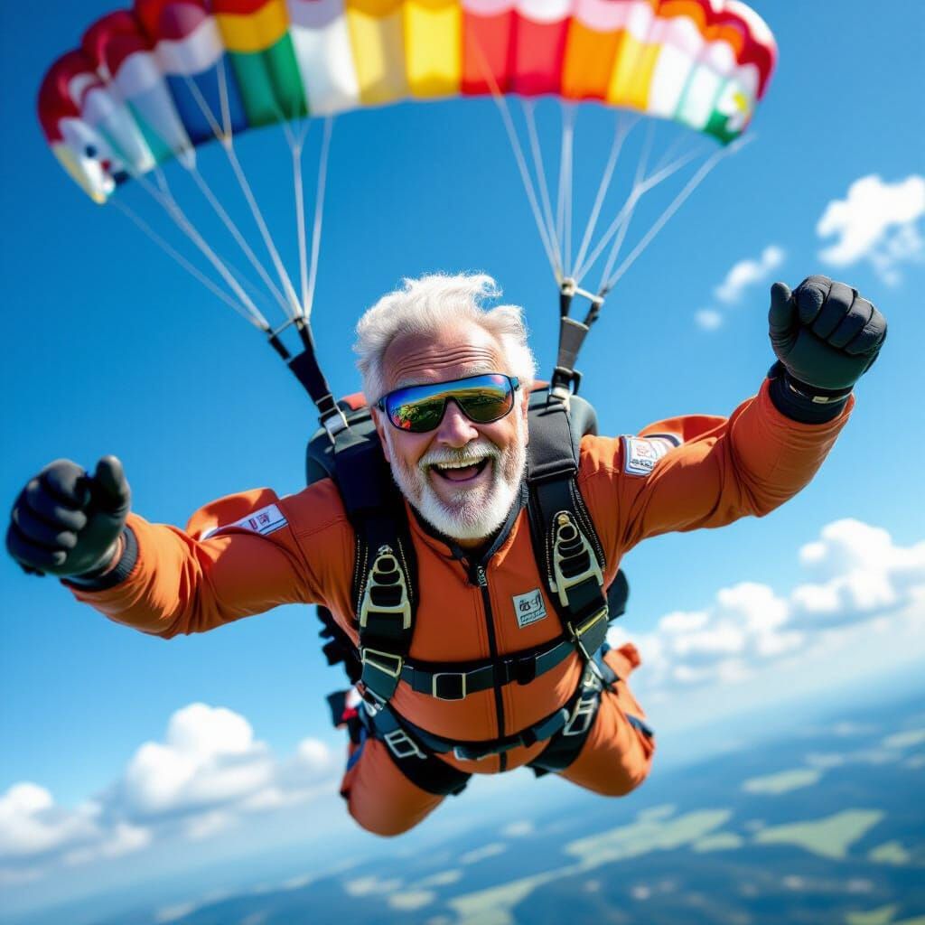 Excited Elderly Man Skydiving in Colorful Jumpsuit