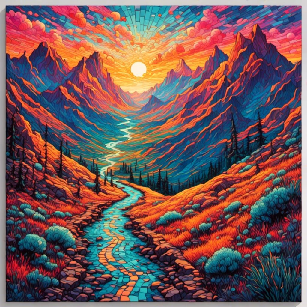 Psychedelic Mountain Sunrise in Neon Mosaic Style