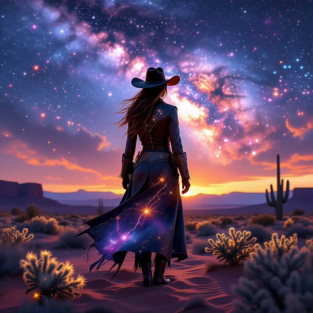 Lone Cowgirl in Cosmic Desert Landscape
