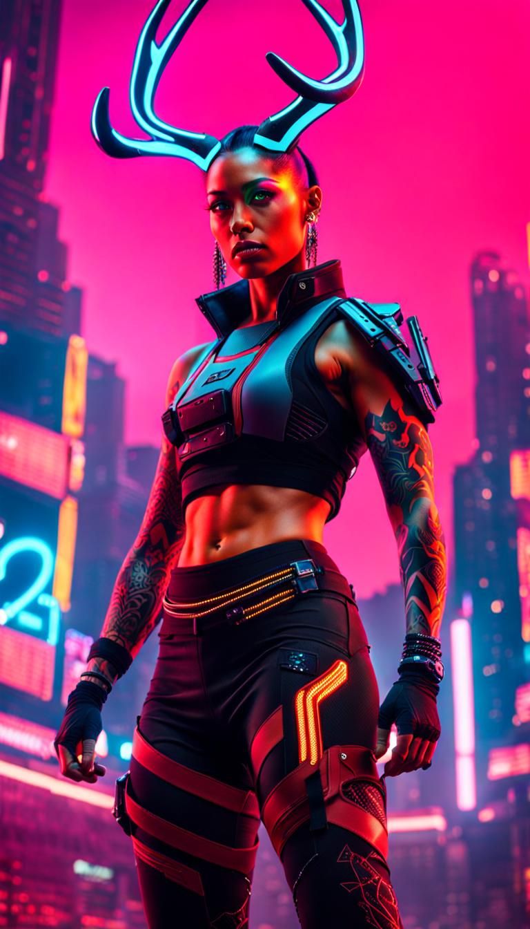 Cyberpunk Reindeer Warrior in Neon Landscape