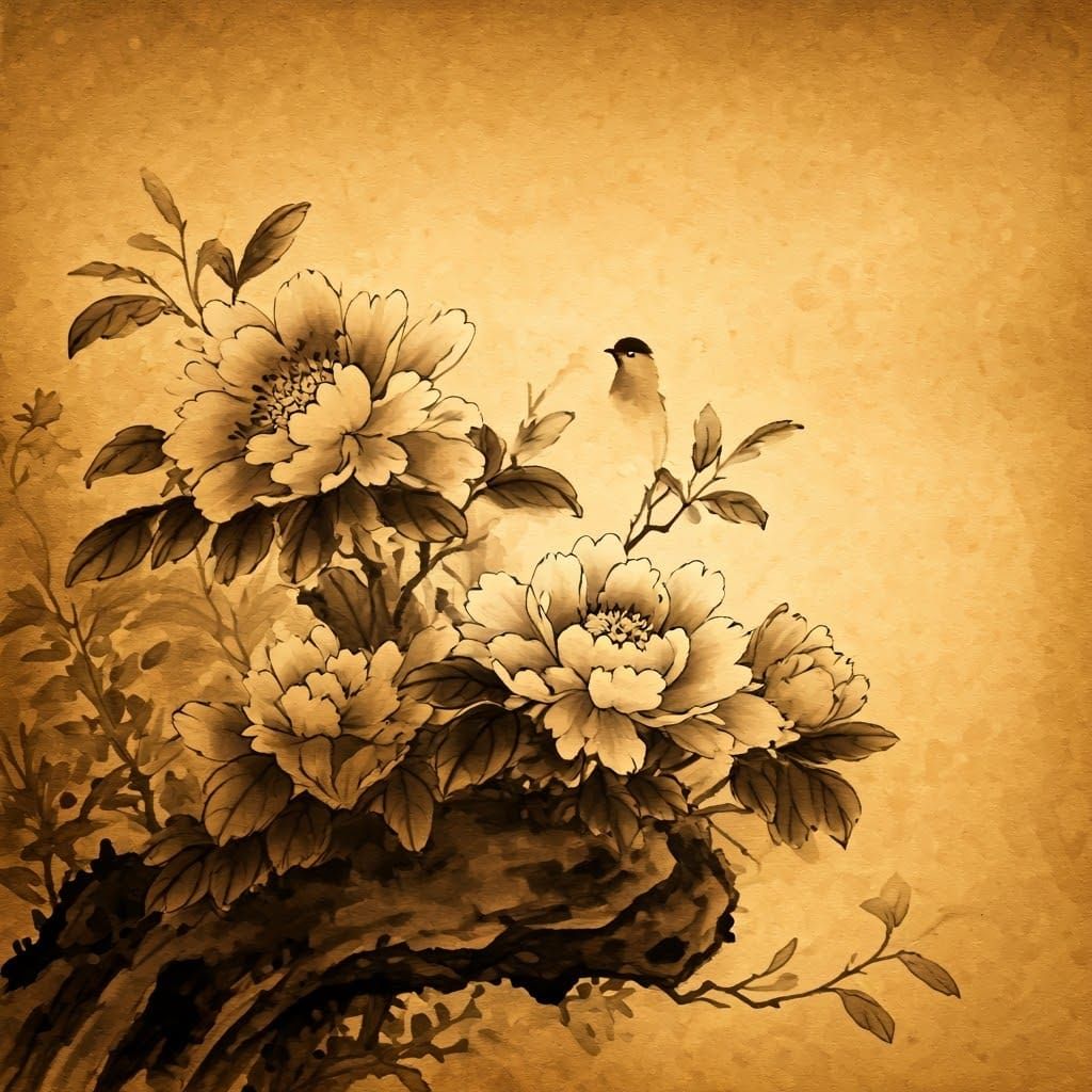 Harmonious Ink Painting of Birds and Flowers