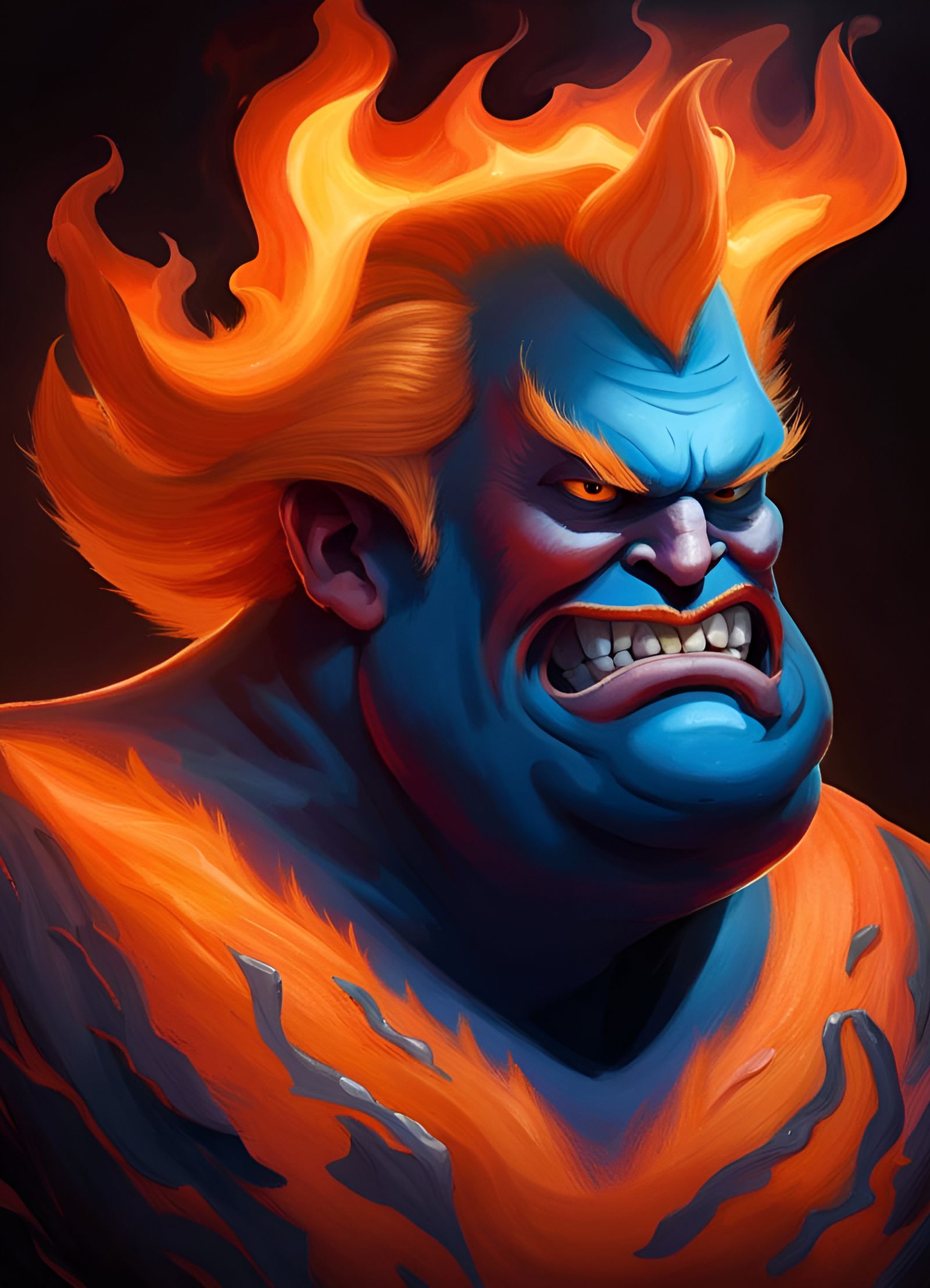 Cartoon Portrait of Elderly Man with Blue Flame