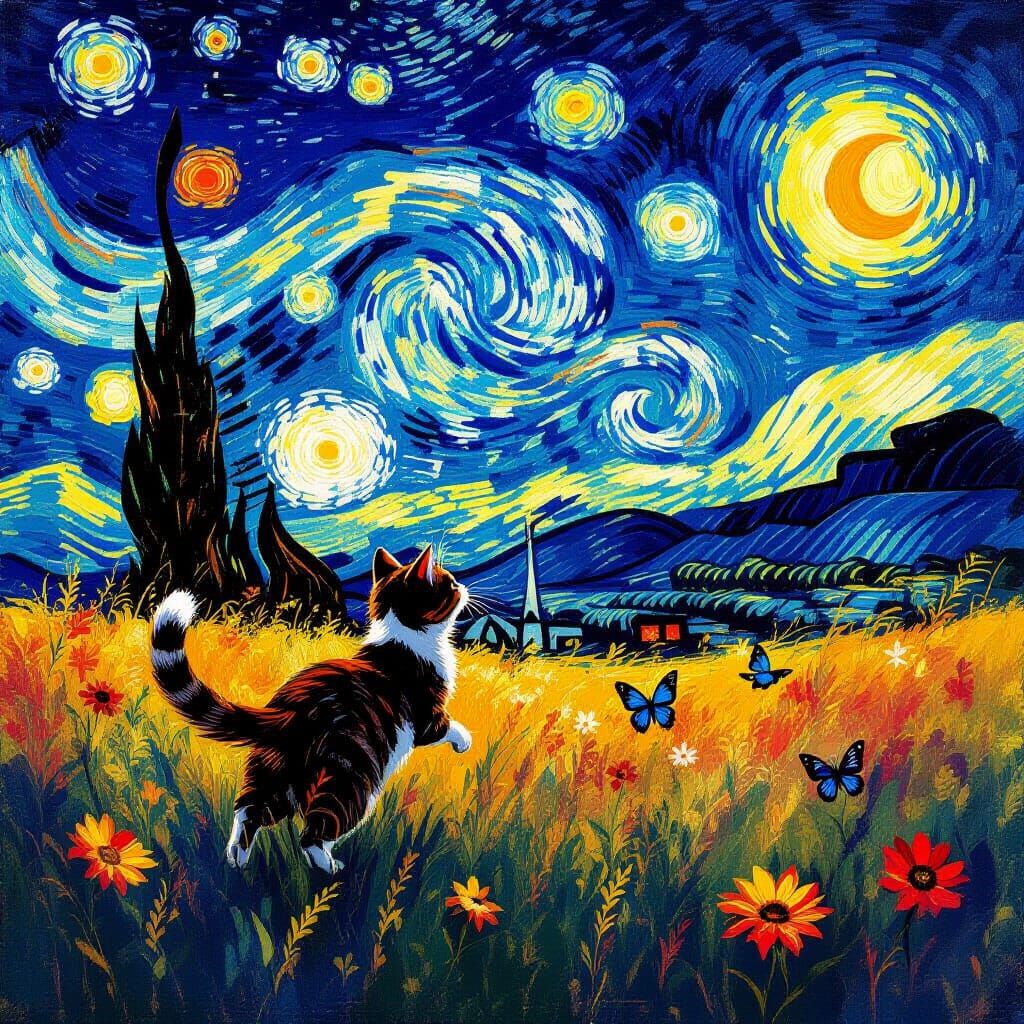 Cat Chasing Butterflies: Van Gogh Style Starry Night