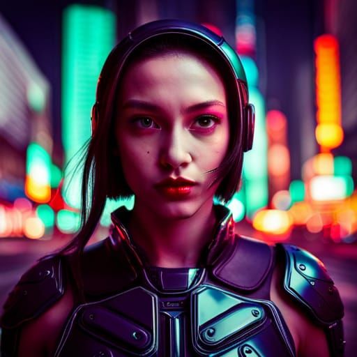 Cyborg Girl in Neon City at Night: Hyperrealistic Portrait