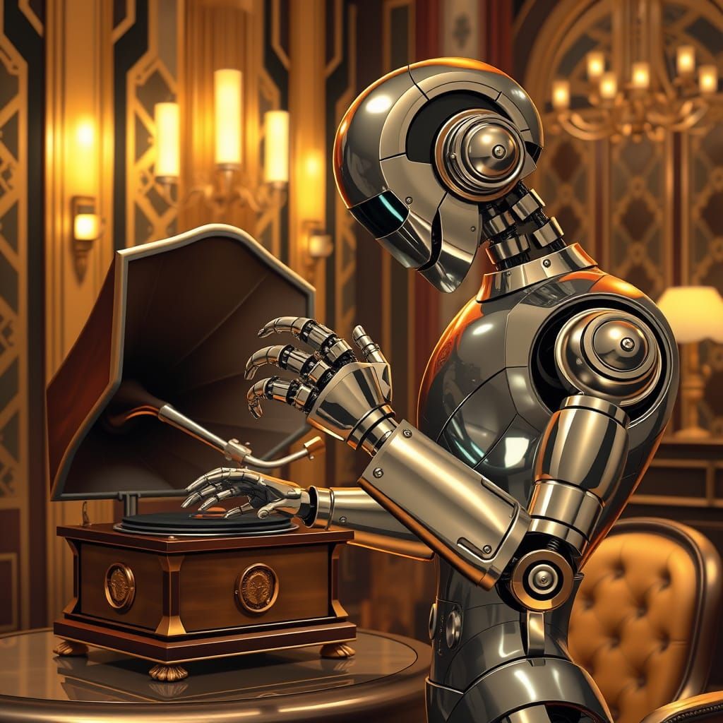 Robot Butler Polishing Gramophone in Art Deco Lounge