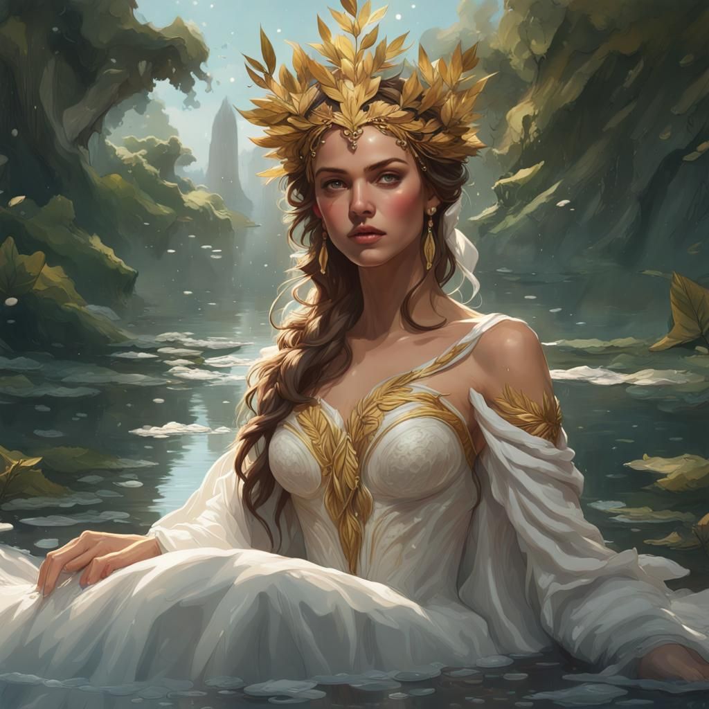 Goddess in Wedding Gown Touches Pond Water