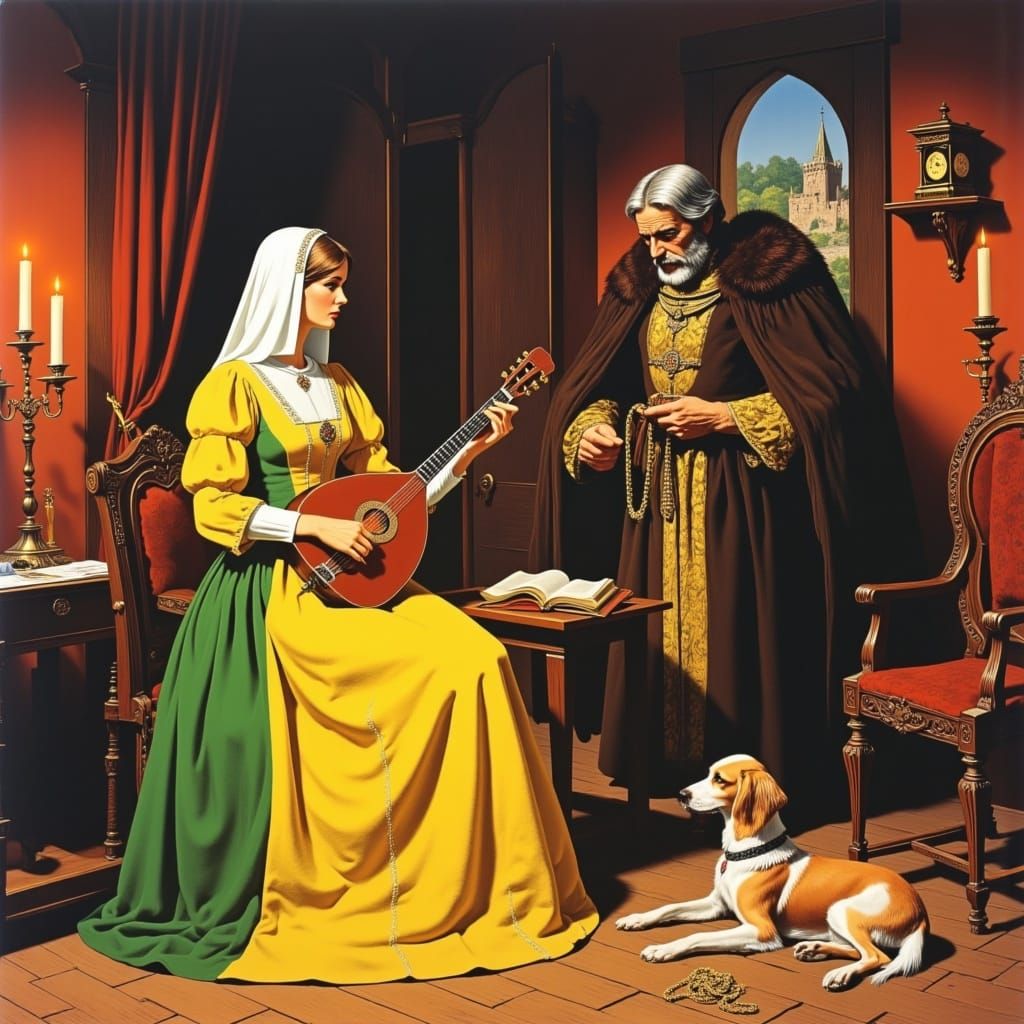 Medieval Lute Player in 1970s Vintage Style
