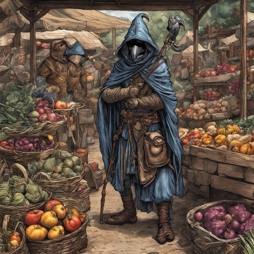 Kenku Warrior at Medieval Market in Comic Book Art
