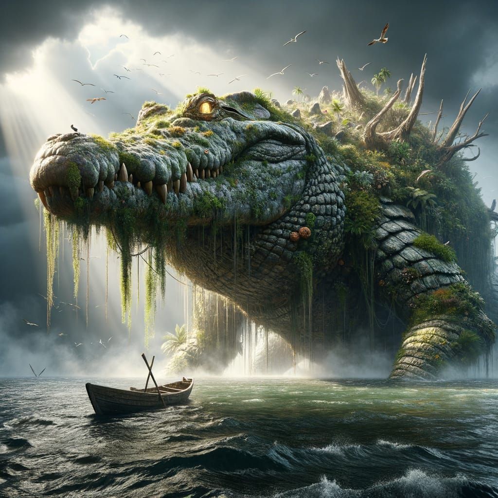 Colossal Ancient Crocodile Island Emerges from Stormy Ocean