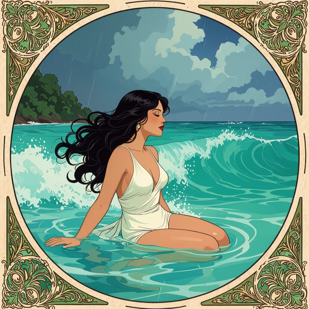 Raven-Haired Woman and Approaching Wave, in Art Nouveau Styl...