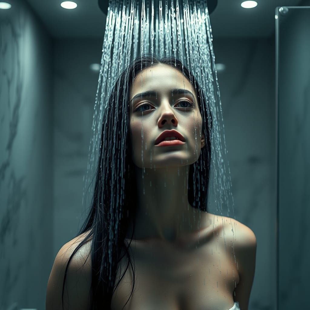 Stunning Woman in Rainfall Shower, Hyperrealistic Image