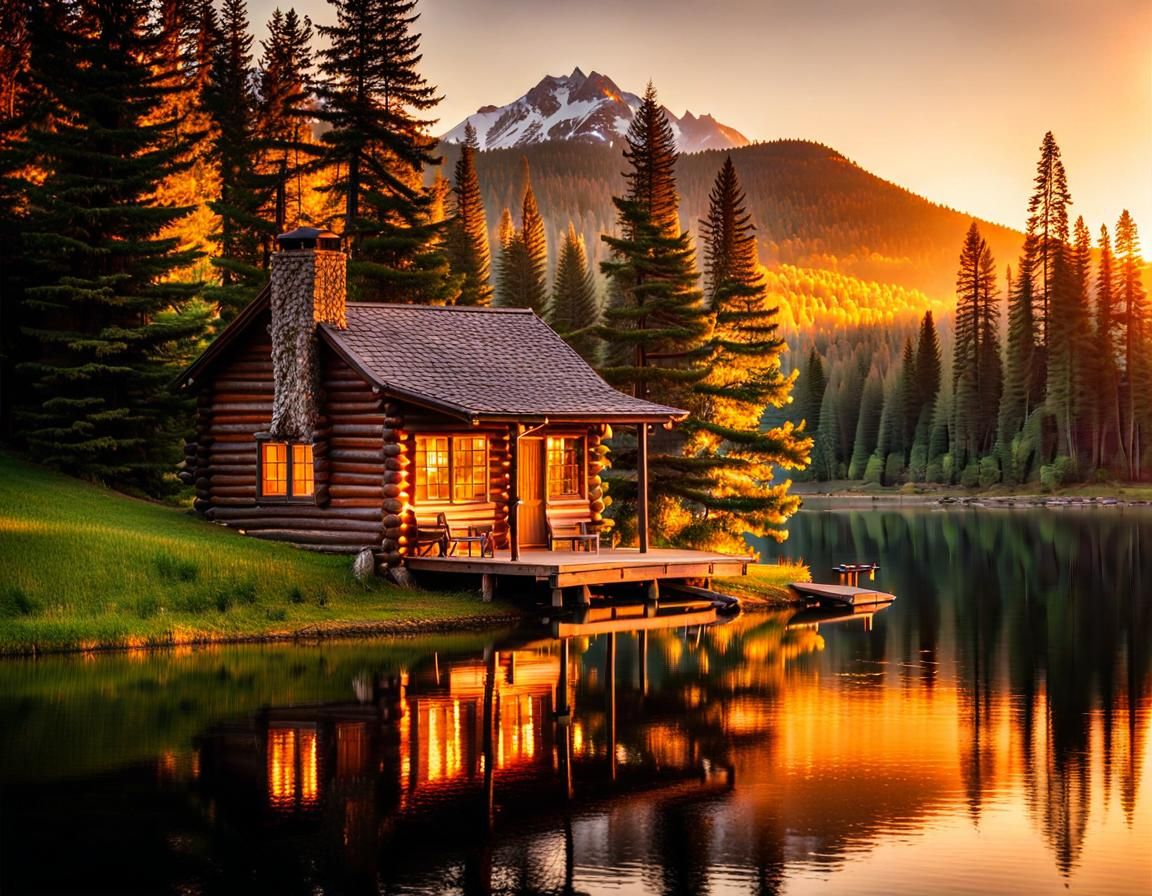 Cabin by Lake at Sunrise Landscape