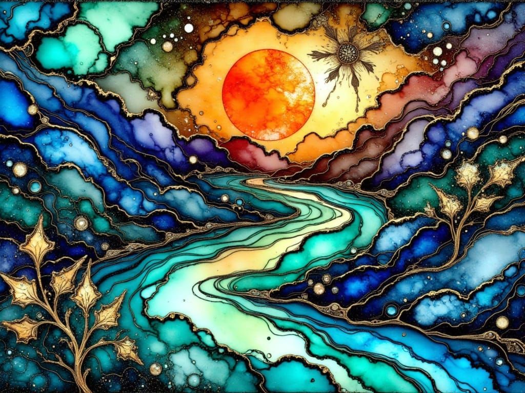 Alcohol Ink River Flowing Over Rocks