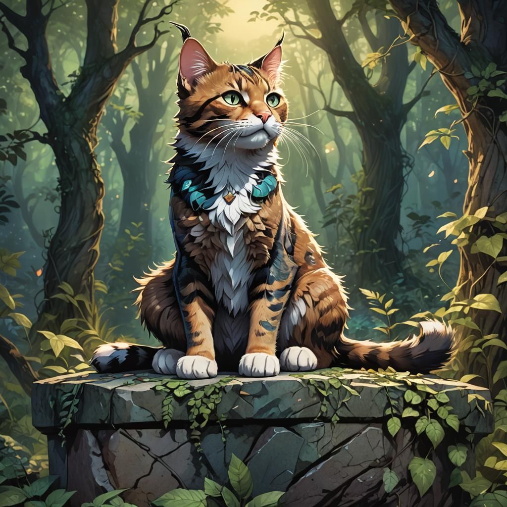 Mystical Cat-Boy on Pedestal in Fantasy Anime Style