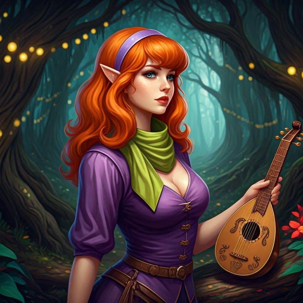 Enchanting Elf Bard in Mystical Forest, Fantasy Art