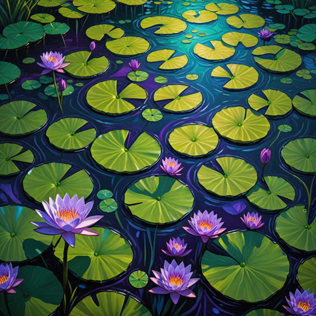 Emerald leaves weaving through violet lily pads 8k resolutio...