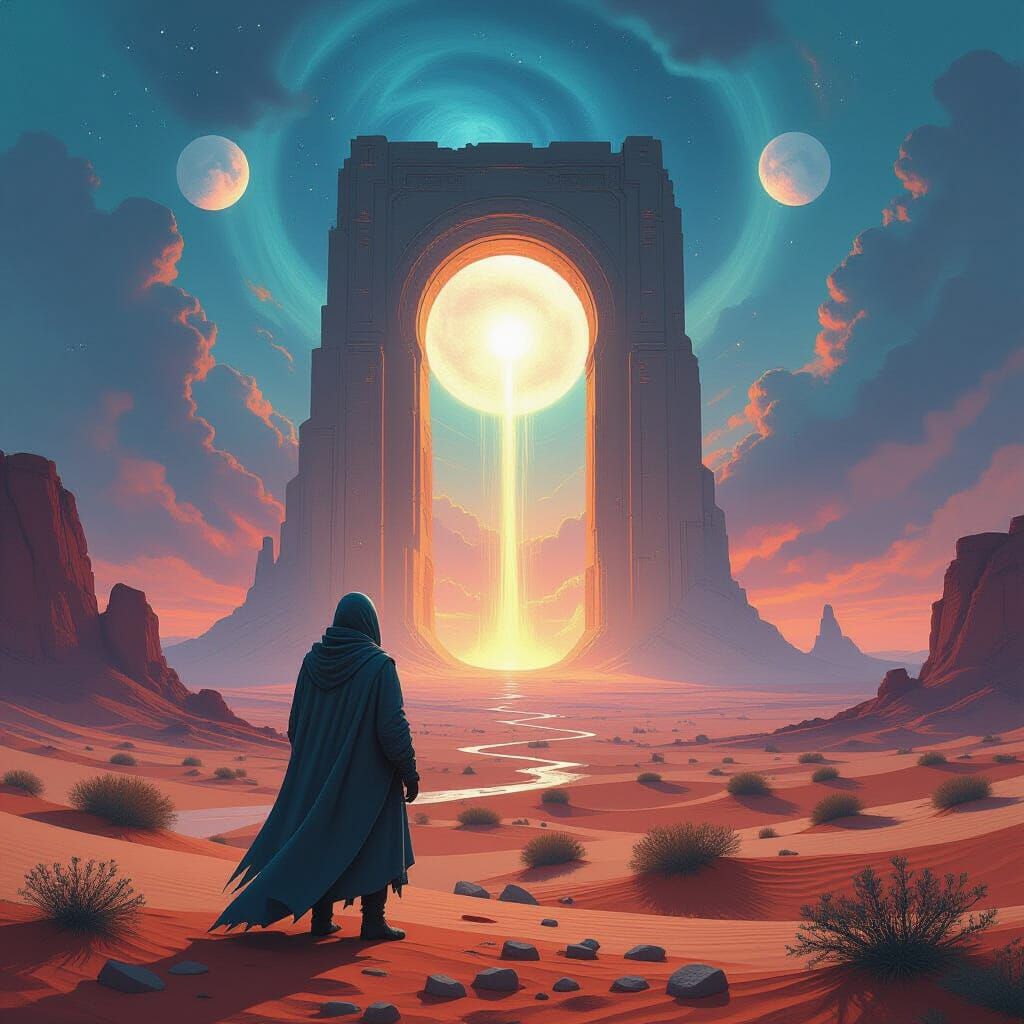 Wolf Gazing at Cosmic Portal: Oil on Canvas