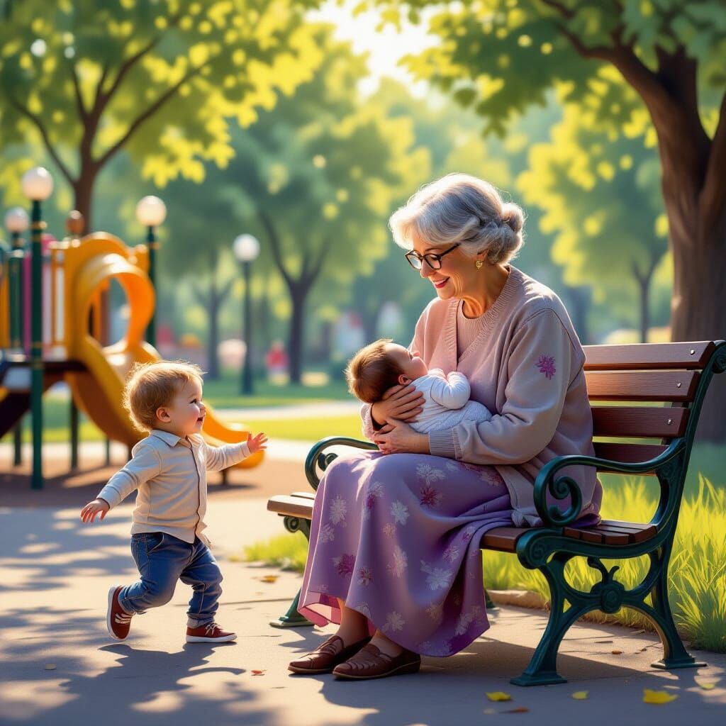 Grandmother with Grandchild in Park, Dynamic Lighting