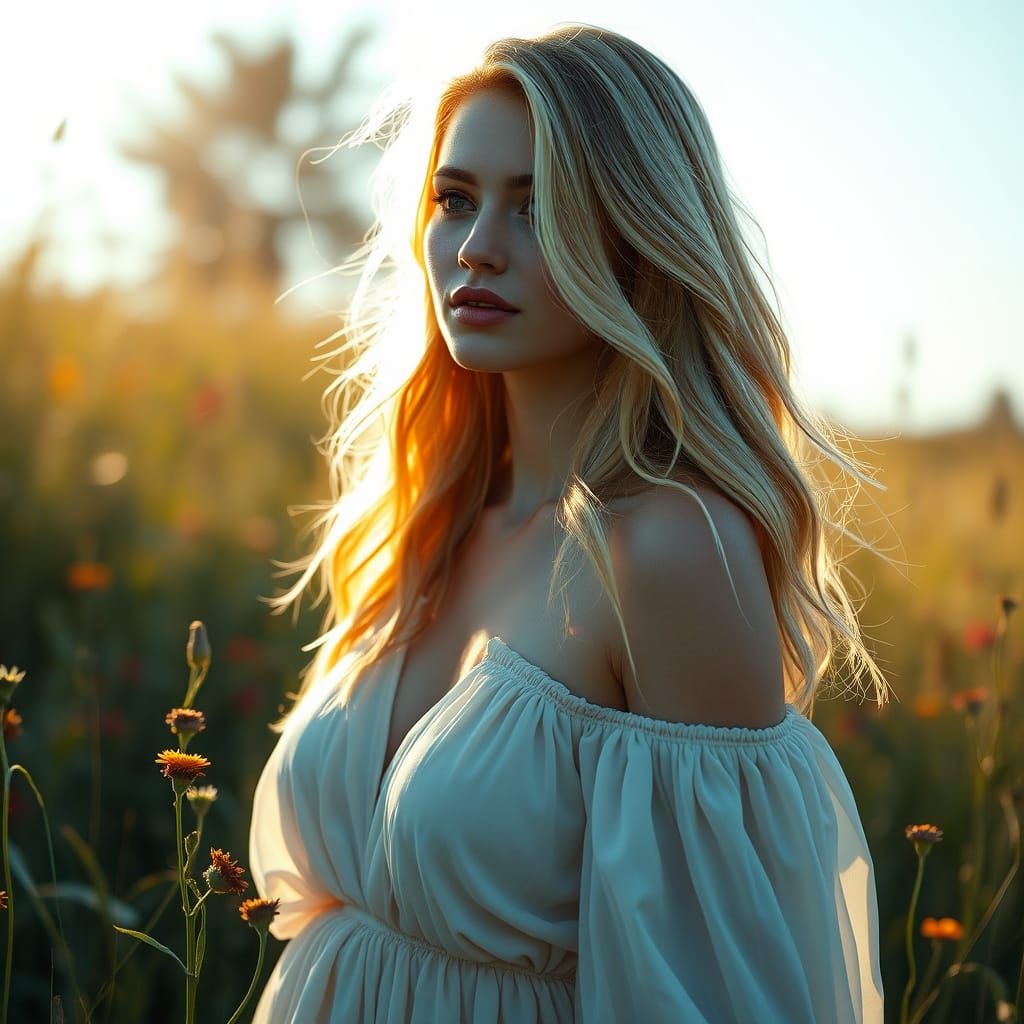 Turquoise Woman in Meadow, Golden Hour Portrait