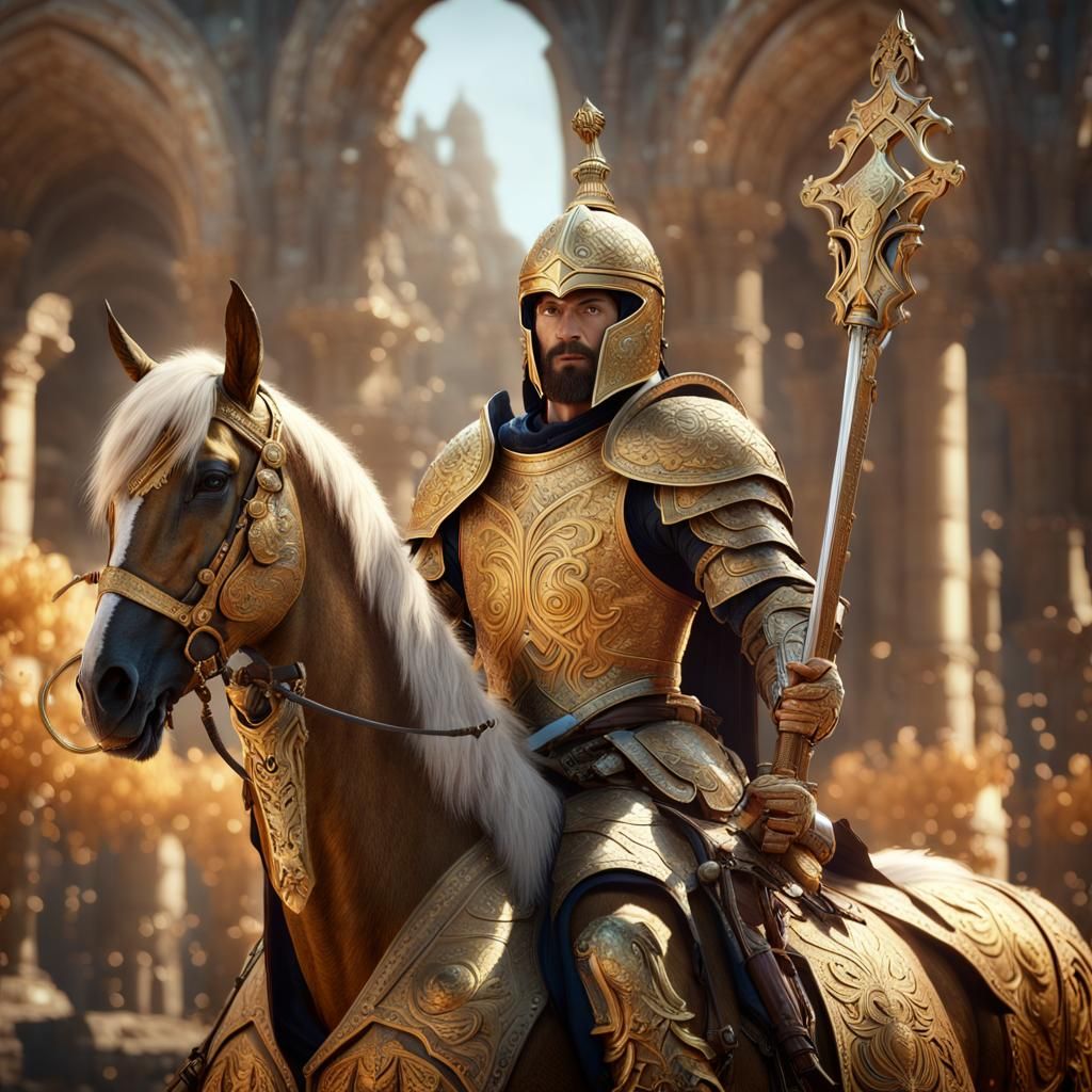 Fantasy Knight on Palomino Horse in Ornate Armor