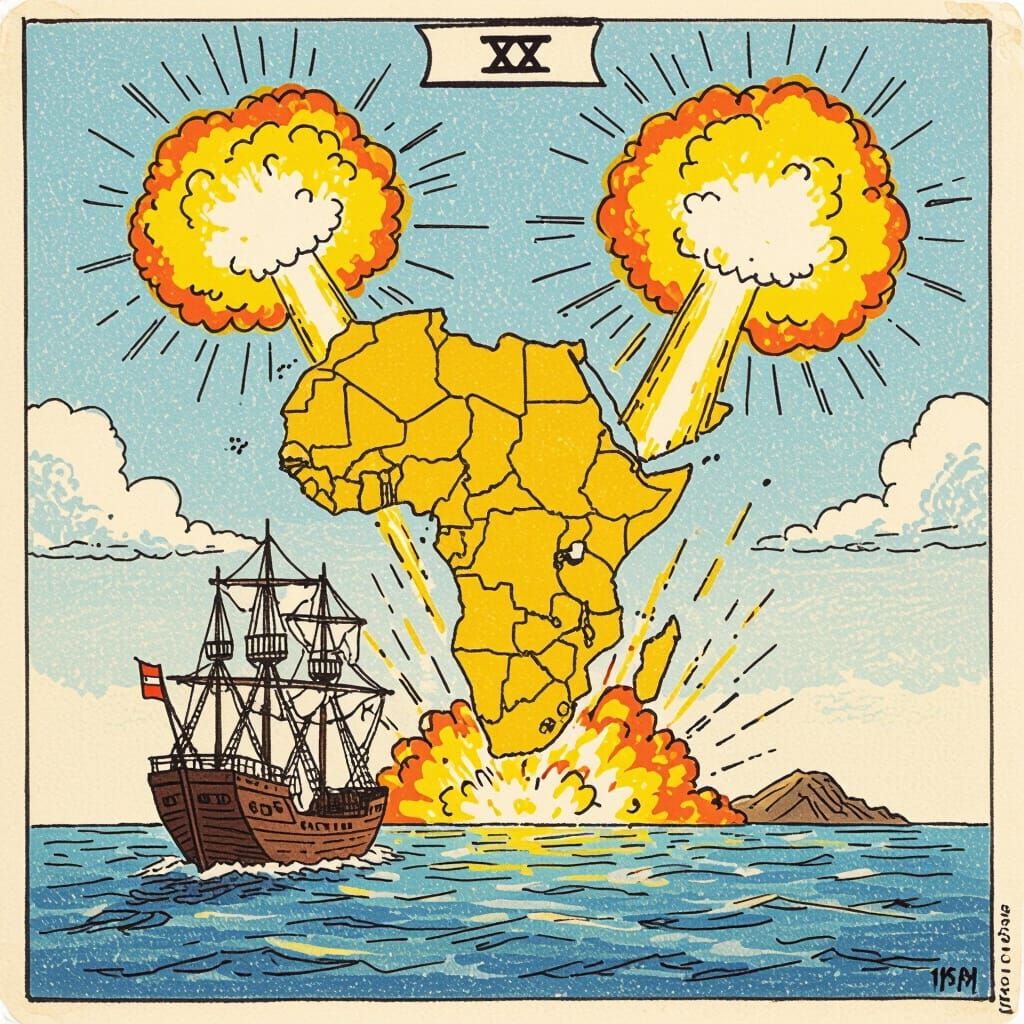 Child's Drawing: Africa Map, Ships, and Vela Explosion