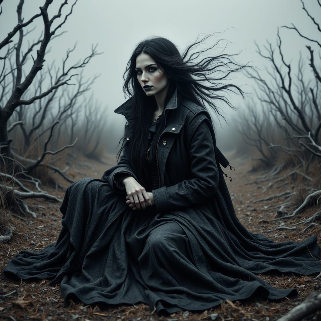 Gothic Woman in Barren Landscape