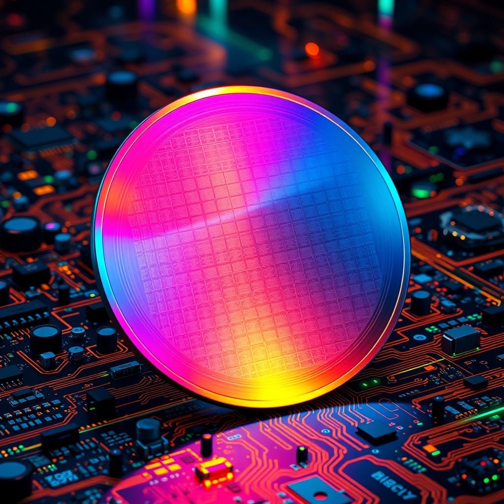 Technological Wonder: Silicon Wafer Amidst Vibrant Circuitry
