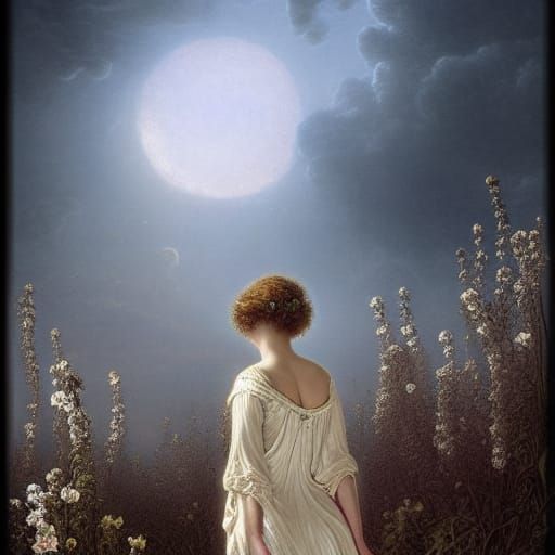 Ethereal Woman in Flowering Field: Digital Matte Painting