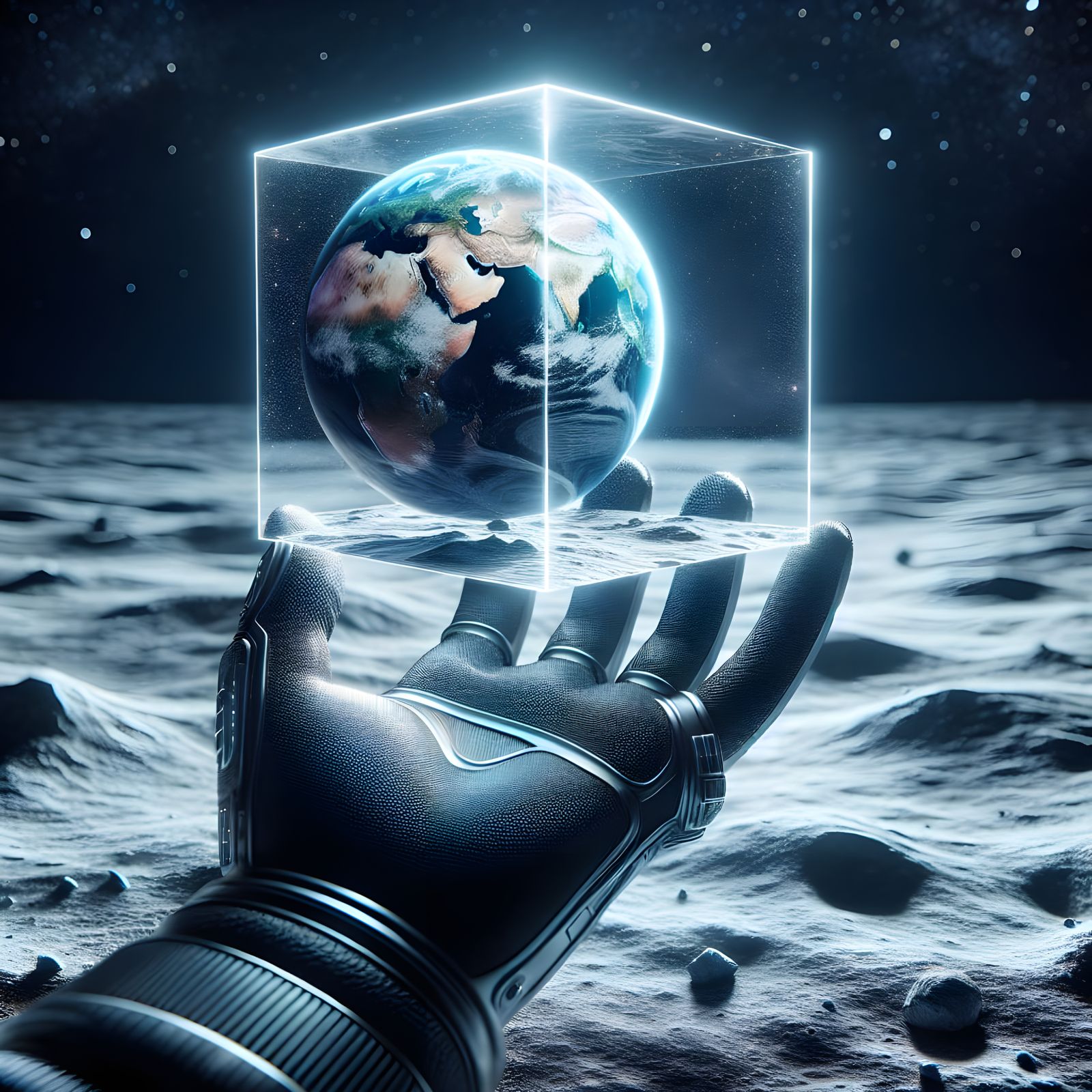 Hyperrealistic Lunar Hologram of Earth in Gloved Hand