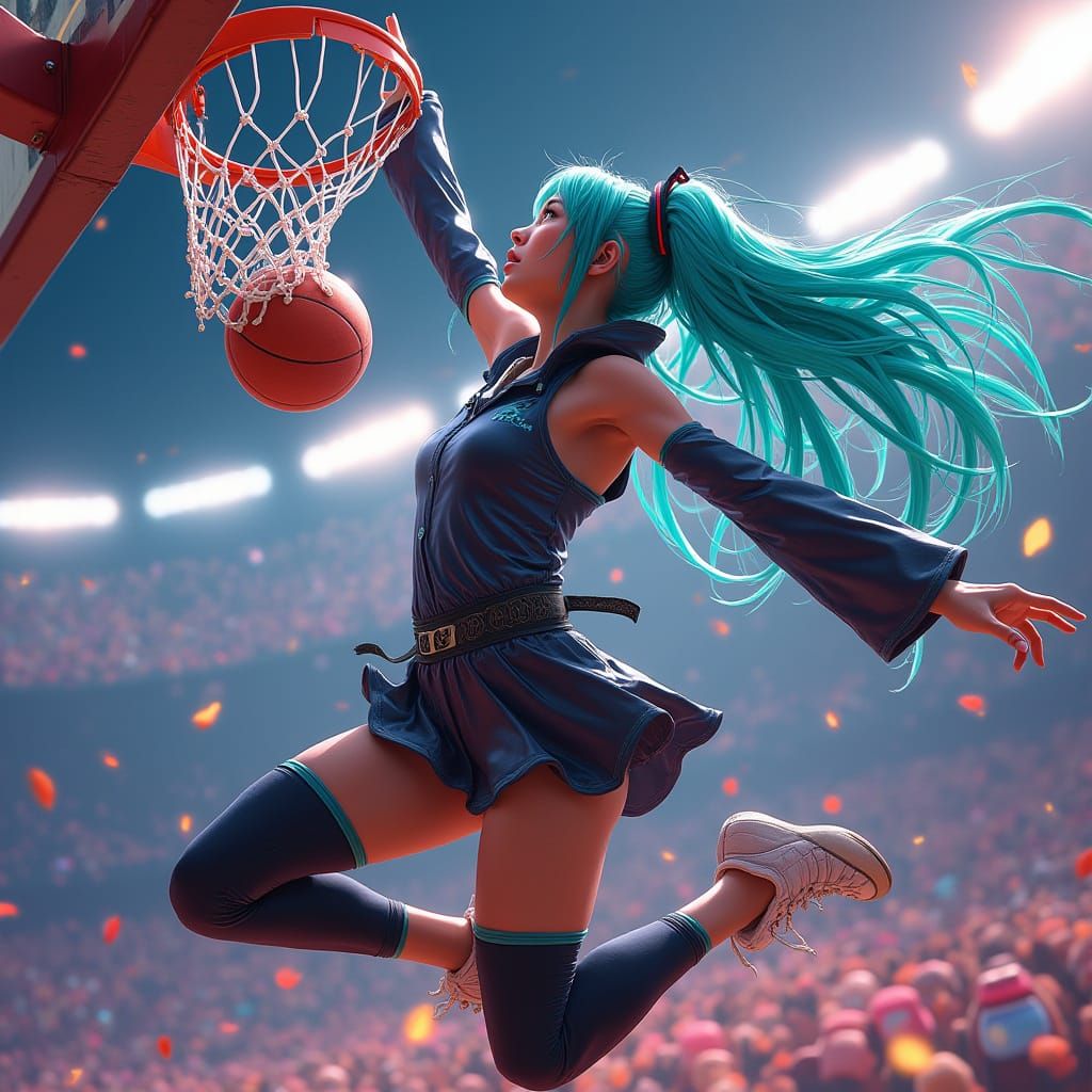 Miku Witnesses LeBron's Electrifying Slam in Vibrant Hyperre...