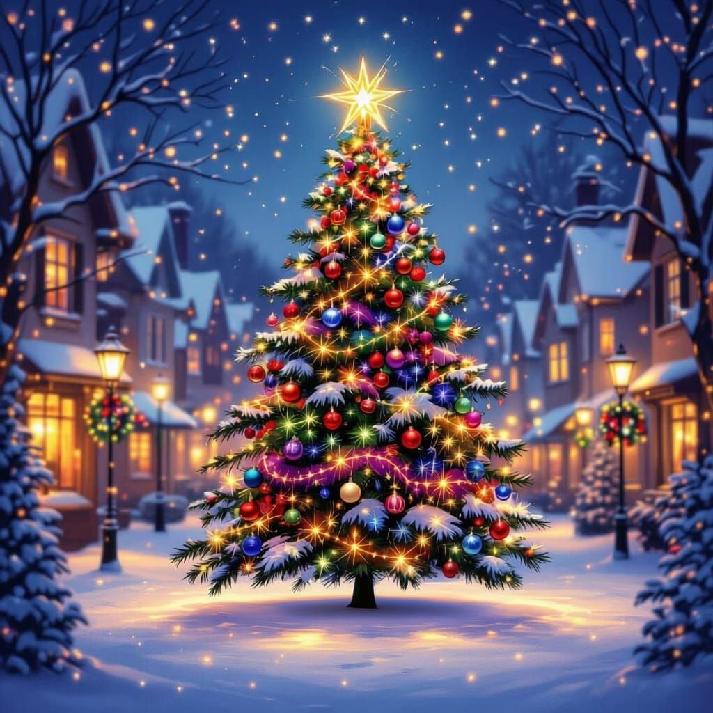 Beautiful Christmas Tree with Star in Town Center