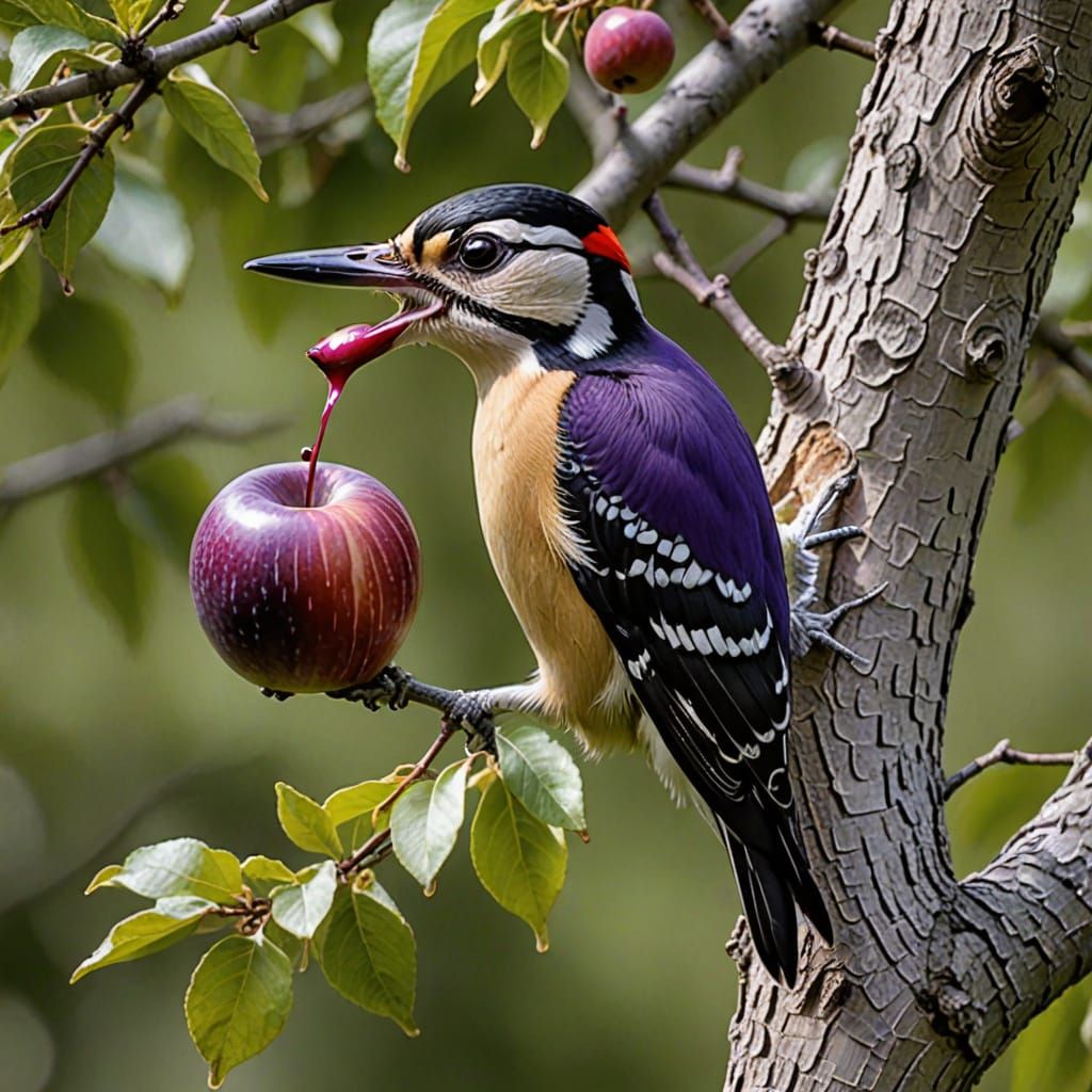 Woodpecker Enjoying a Vibrant Purple Apple