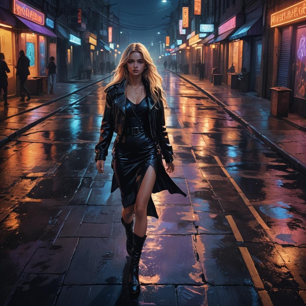 Fantasy Woman Walks a Neon City Street