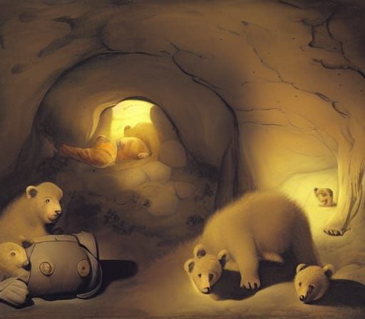 Mother Bear and Cubs in Cave, Old Master Style