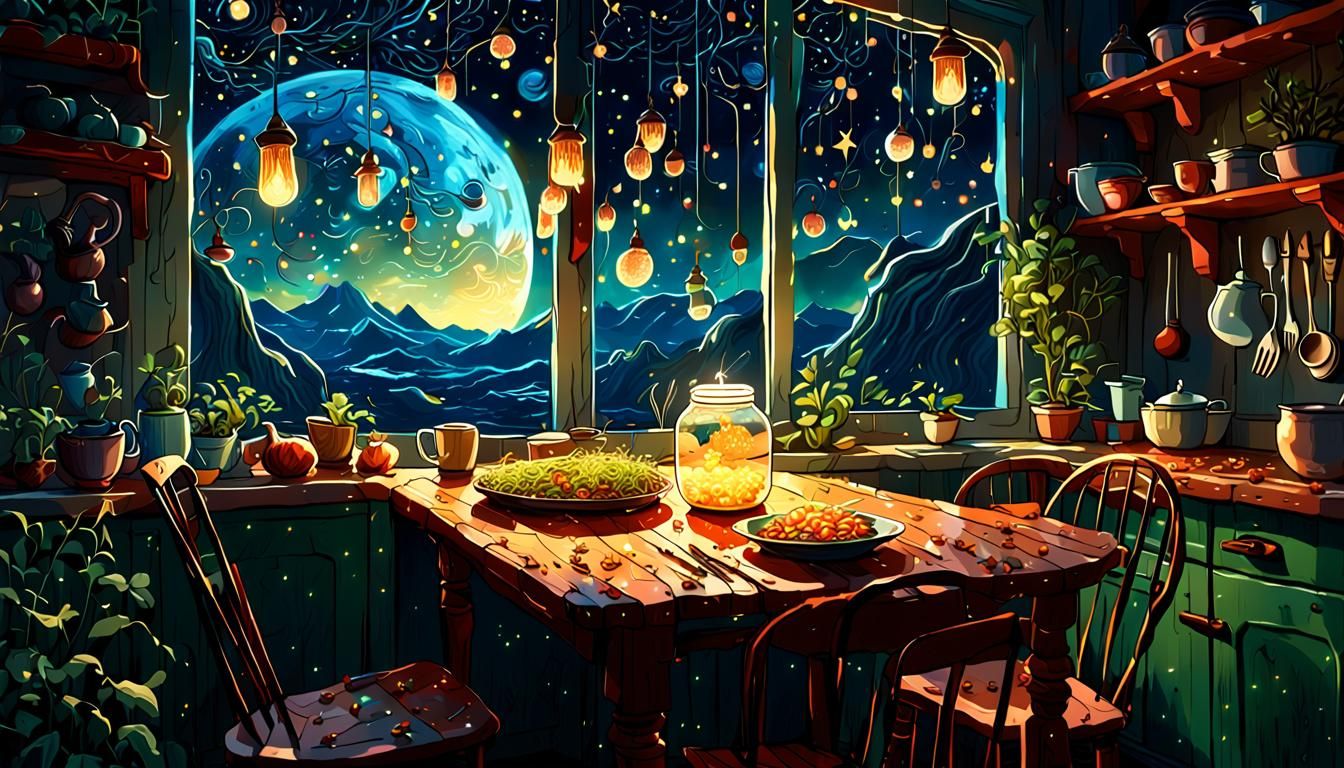 Fantasy Kitchen Table with Sprouted Onions