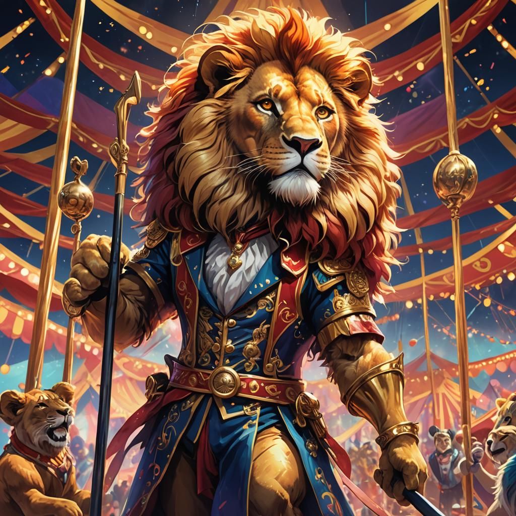 Anime Lion Tamer in Circus with Shovel