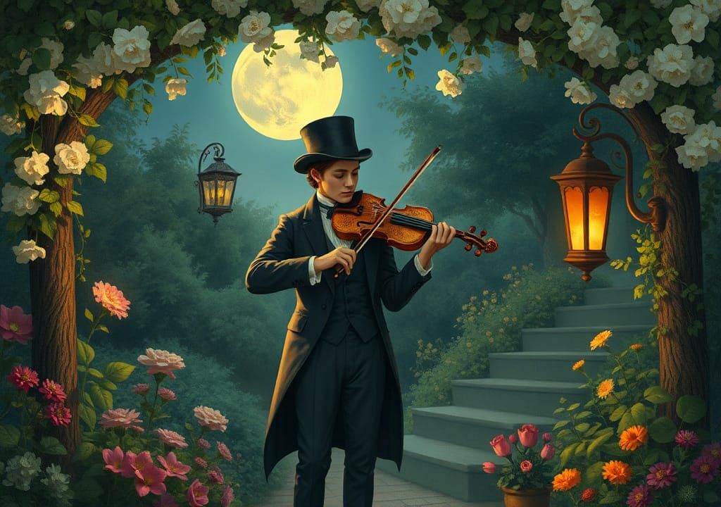 Melancholic Musician in Moonlit Garden Illustration